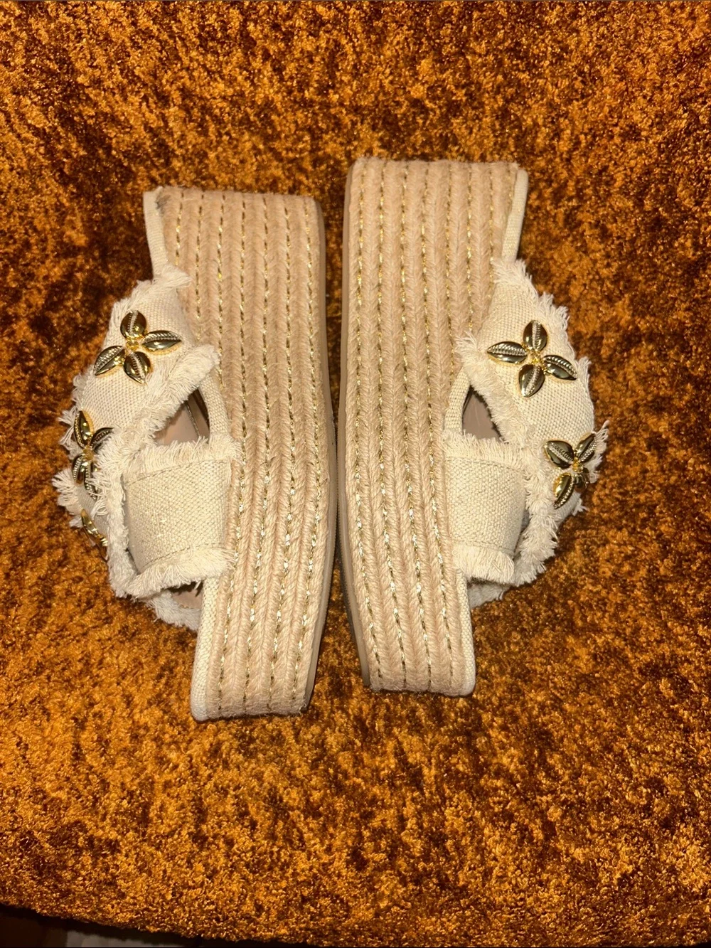 JustFab Cream Frayed Platform Slide Sandals with Gold Floral Accents